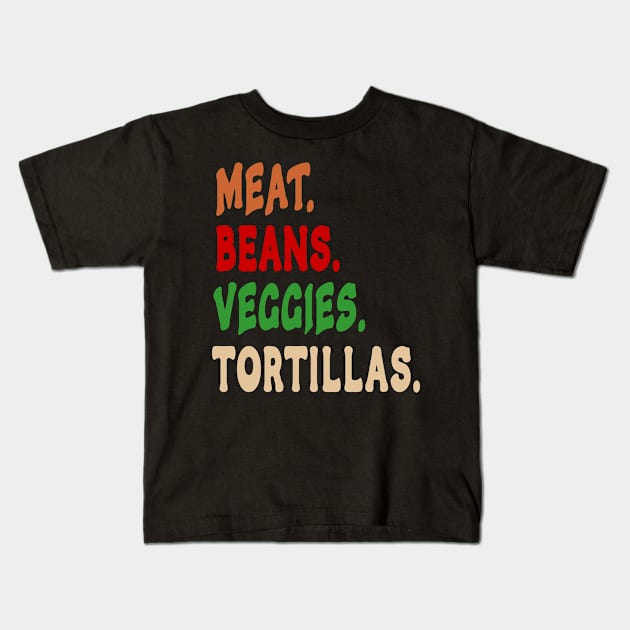 Meat. Beans. Veggies. Tortillas. Fun font burrito ingredients Kids T-Shirt by Rocky Ro Designs